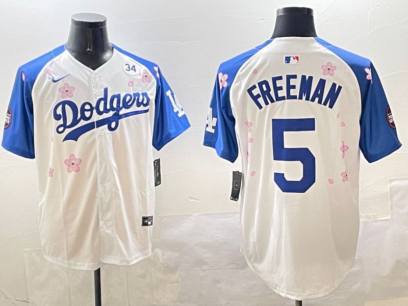 Men Los Angeles Dodgers #5 Freeman White Blue Sakura Edition 2025 Nike MLB Jersey style 4